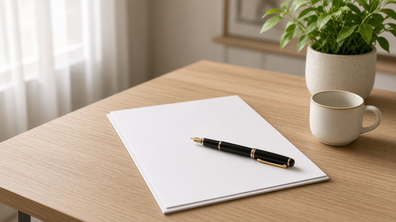 Mesa clara de madera con un folio en blanco, una estilográfica, una taza y una planta
