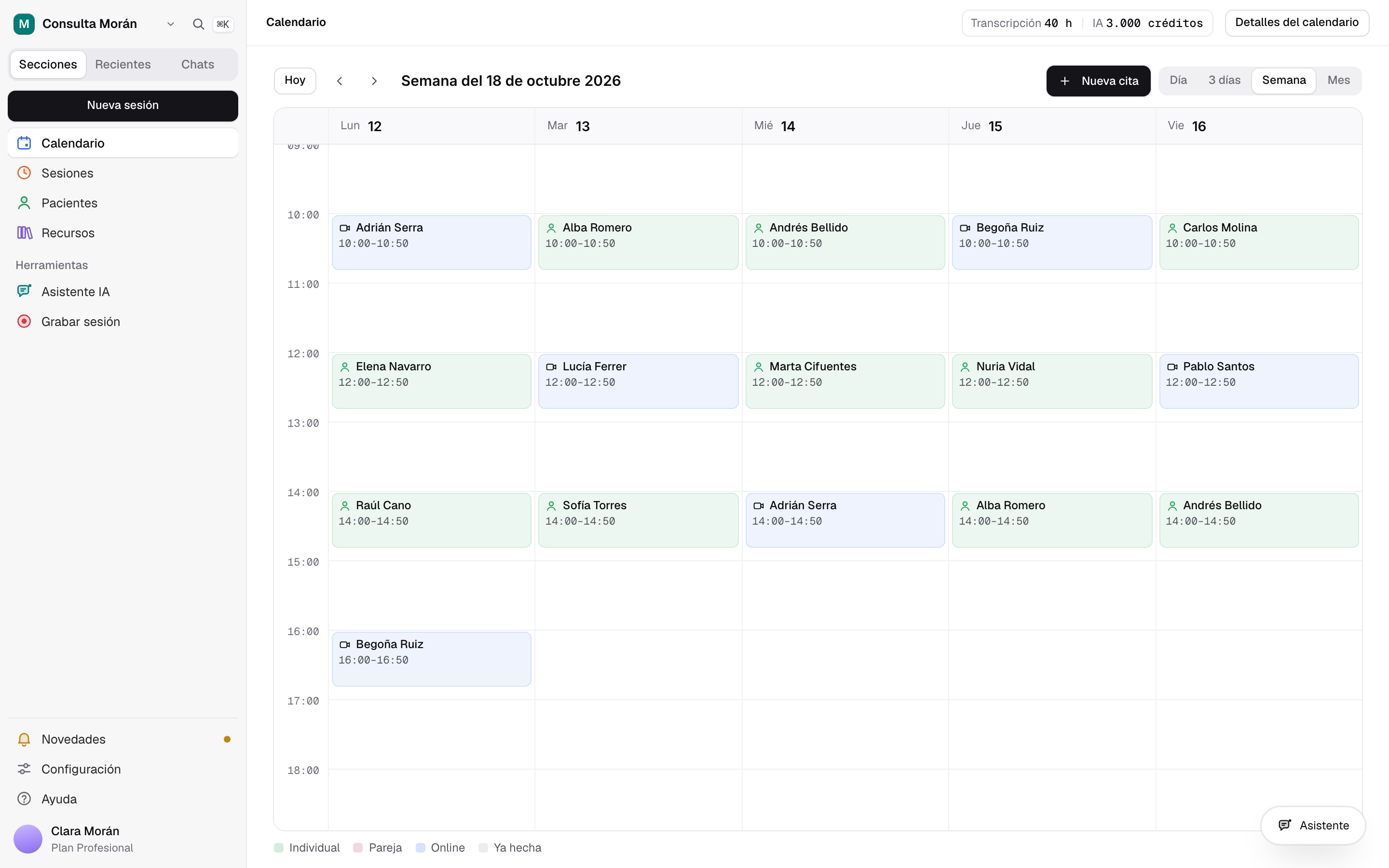 Vista semanal del calendario con citas distribuidas